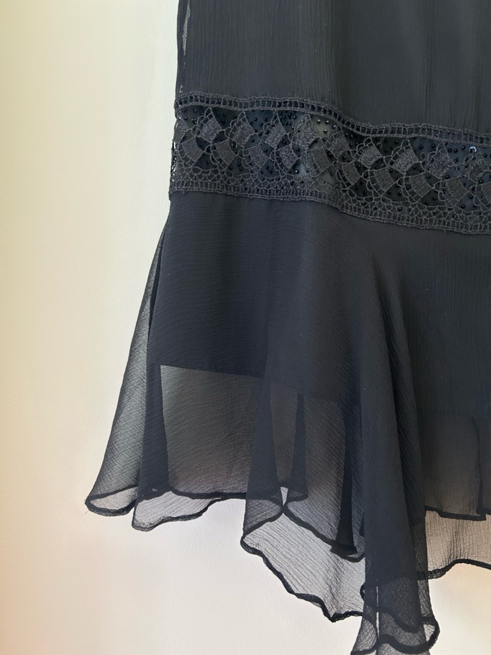 Vintage 90s Black Silk Midi Skirt with Crochet and Beaded Details
Size: M
GUC - Picture 6 of 12